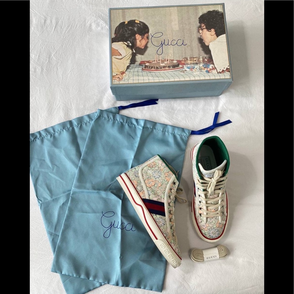 AUTH Gucci Liberty Sneakers High Top Tennis 1977 Floral Shoes Sepang Tracy 38